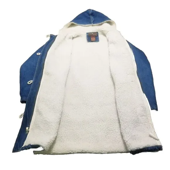 Sergio Valente Denim Jacket Women Size 6 Blue Hooded Sherpa Vtg Jean Barn Coat